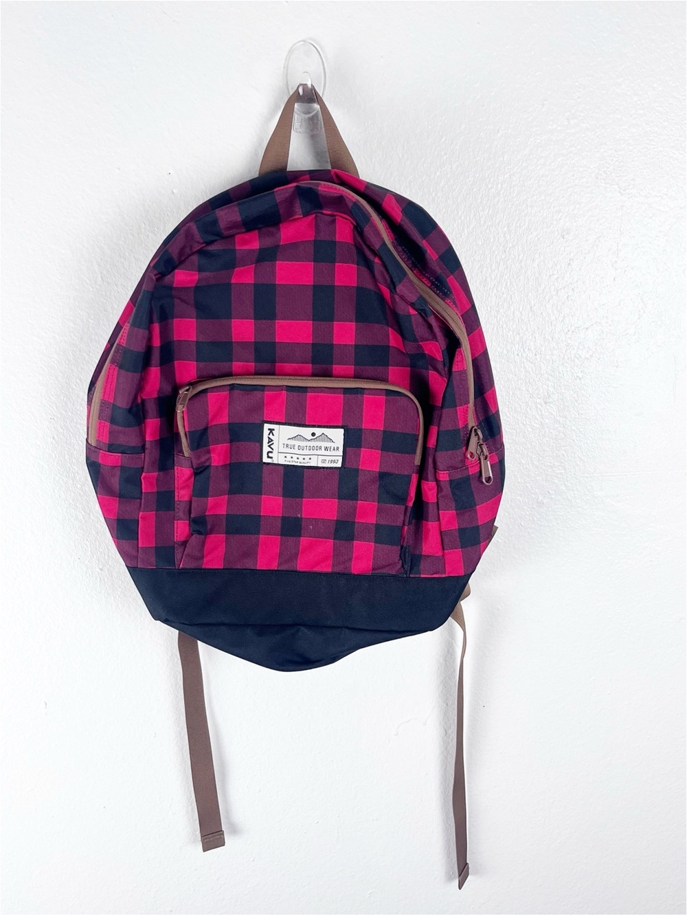 KAVU Red Black Buffalo Checkered Adjustable Back Strap Zipper Closure Backpack
